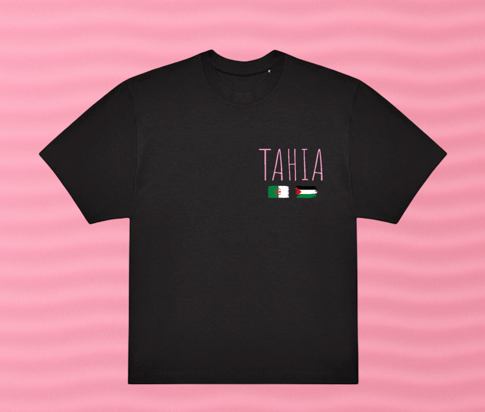 T-shirt Tahia Noir et Rose "Algérien Palestinien même peuple" - Oversize
